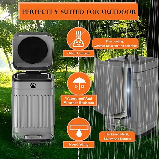 Dog Poop Trash Can Outside, 5L/1.3Gal Metal Dog Waste Trash Can with Lid, Foot Pedal, Pet Waste Container with 40 Bags, Poop Bucket with Lid Soft Close for Pet, Grey