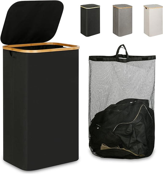 iEGrow Laundry Hamper with Lid, 110L Large Laundry Hamper with Handle and Lid, Collapsible Clothes Basket Organizer with Removable Inner Bag for Clothes Toys Towels - Black