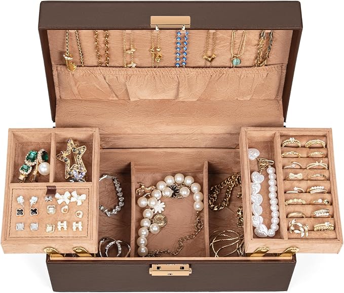 AKOZLIN Travel Jewelry Box Organizer Functional 2-trays Leather Jewelry Storage Case with Lockable Portable for Women Girls Ring Necklace Earring Bracelet