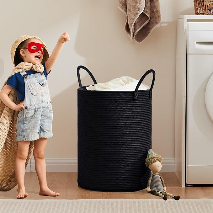 60L Black Woven Cotton Rope Laundry Hamper Basket for Clothes Tall Modern Blanket Storage Basket in Living Room Bedroom 15Dx20H inches