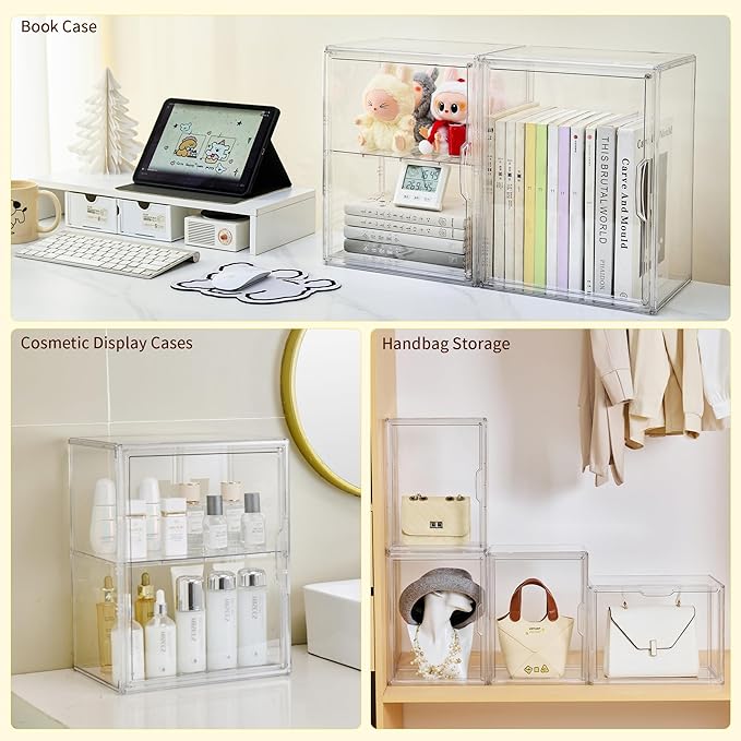 Acrylic Display Case with Removable Shelf, 2 Tier Clear Plastic Stackable Storage Bins with Magnetic Lids, Figure Display Case for Collectibles Cosmetic Acrylic Box, 4 Pack