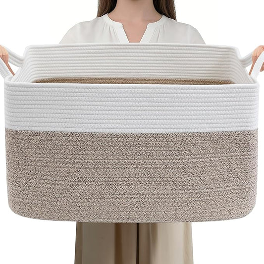 96L Large Blanket Basket,24"x16"x15"Rectangle Storage Bin with Handles,Woven Rope Laundry Basket for Toys, Clothes,Magazines,Home Organization,Nursery,Living Room & Bedroom,White & Brown