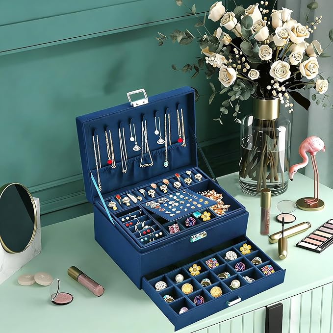 QBestry 3-Layer Jewelry Box for Women with Lock and Key & Drawer, Large Jewelry Organizer with 8 Necklace Hooks & 56 Earring Holes, Navy Velvet Jewelry Storage Box for Necklaces Earrings Ring Bracelet