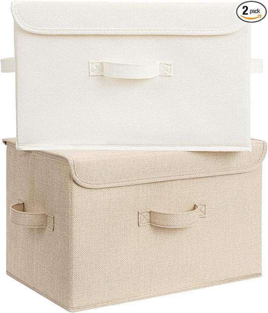 GRANNY SAYS Stoarge Basket with Lid, Decorative Storage Boxes, Closet Storage Bins for Clothes, Collapsible Stackable Organization, Ivory White&Khaki, 2-Pack