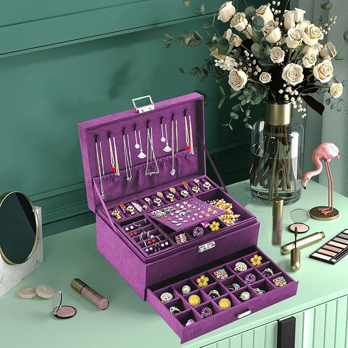 QBestry 3-Layer Jewelry Box for Women with Lock and Key & Drawer, Large Jewelry Organizer with 8 Necklace Hooks & 56 Earring Holes, Purple Velvet Jewelry Storage Box for Necklace Earring Ring Bracelet