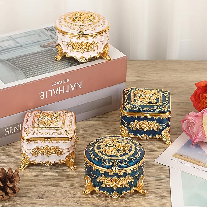 Hipiwe Vintage Round Jewelry Box Small Trinket Storage Organizer Box Gold Metal Chest Ring Case Treasure Box Keepsake Box Earrings Necklace Storage Box Gift for Women, Small