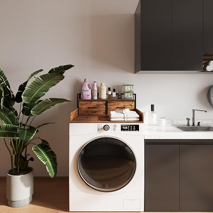 Unionly 2-Tier Washer Dryer Countertop single with shelf and fabirc drawer,laundry topper with Edge and Non-Slip Pad for Washer Dryer Laundry Hamper Counter Storage Organization (rustic brown, single)