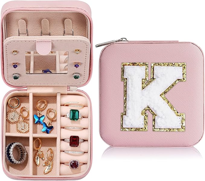 Parima Gifts for Women - Personalized Gift for Women, Birthday Gift for Woman, Travel Gifts, Small Gifts, Cute Travel Jewelry Cases Small Jewelry Box | Letter K, Pink