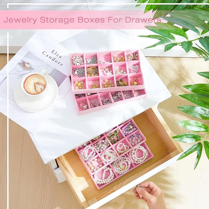 Junkin 12 Pcs Jewelry Tray Velvet Stackable Jewelry Organizer Trays Divided Earring Accessories Storage Containers Box (Rose Red)