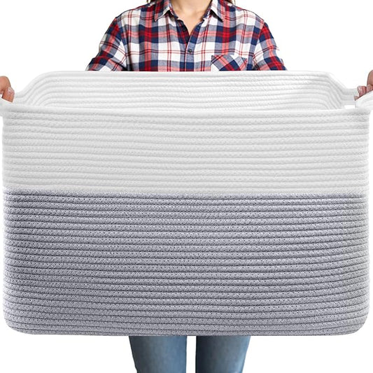75L Large Blanket Basket, Rectangular Cotton Rope Basket, Laundry Hamper for Blankets, Pillows, Extra Large Toys Storage Bins for Kids, Dogs 22" x 17" x 12", White & Gray