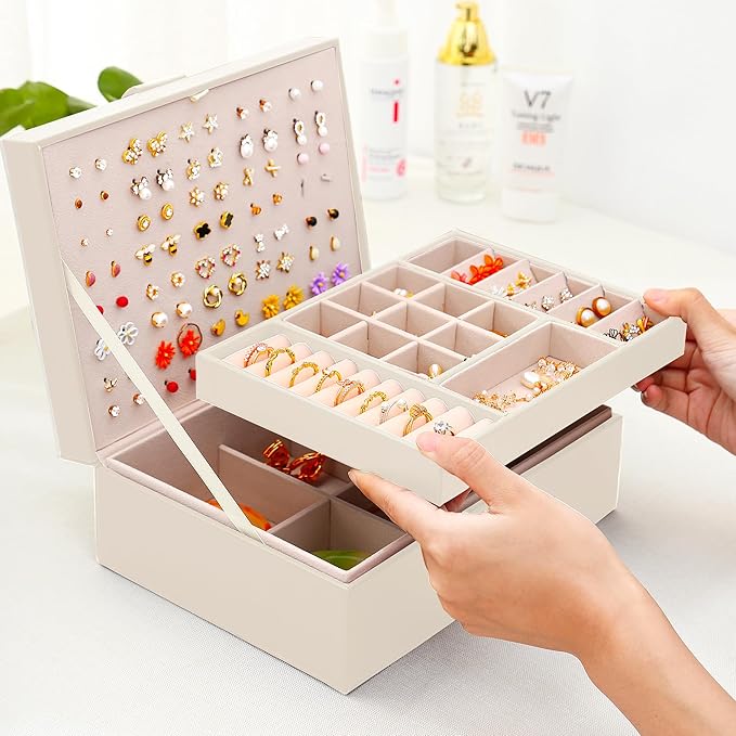 QBestry Girls Jewelry Box Earring Holder Organizer for Girls Jewelry Organizer Box Stud Earrings Organizer for Girl Womens Beige Jewelry Box for Earrings and Necklaces Rings Stud Earring Box for Teen