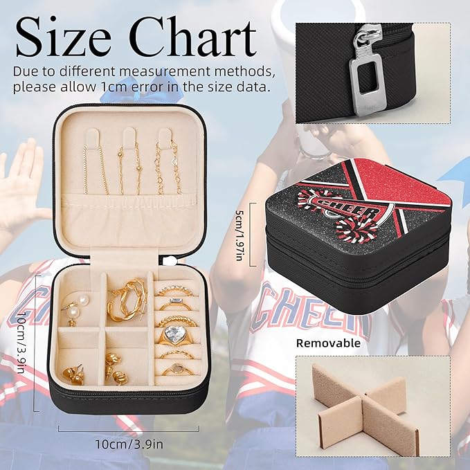 Cheerleader Jewelry Case, Mini Travel Box for Women, Cheer Team Gifts for Girls (Red)