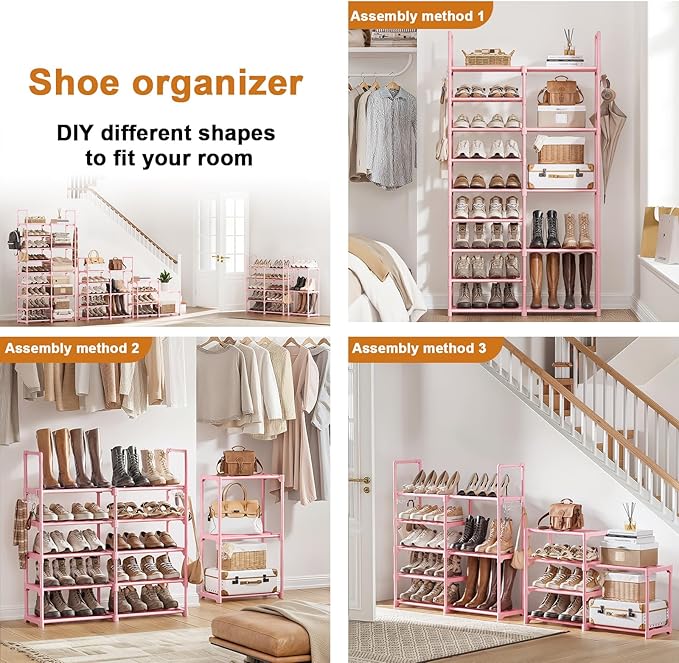 WOWLIVE 9 Tiers Large Shoe Rack White Shoe Rack Organizer for Closet 50-55 Pairs Stackable Heavy Duty Shoe Shelf Shoe Storage with Metal Pipes Plastic Pink