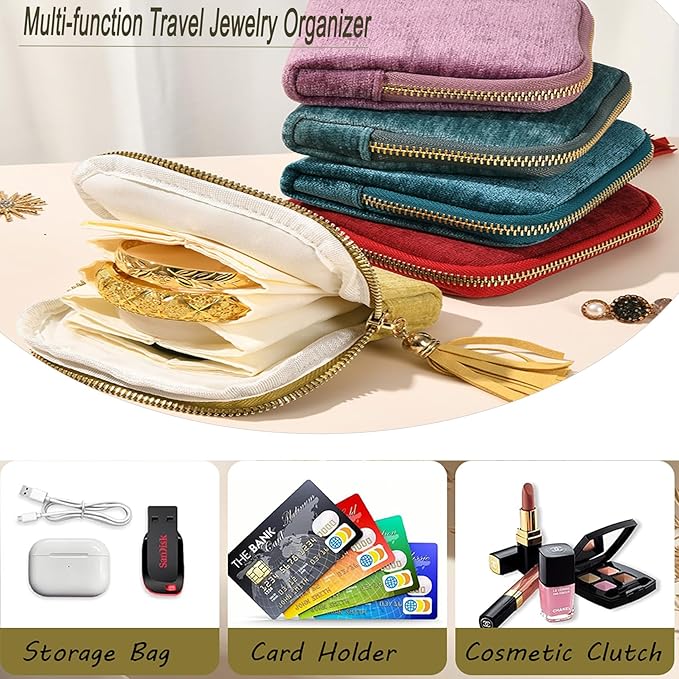 Small Travel Jewelry Organizer Bag Soft Lined Zipper Storage Bag with Tassel Portable Small Jewelry Travel Case for Rings Earrings Necklaces Bracelets, Anti-Scratch Jewelry Holder Pouch for Women Girl