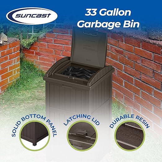 Suncast 3 Pack 33 Gallon Durable Plastic Hideaway Outdoor Garbage Can with Secure Lid & Wicker Design for Home Backyards, Decks, or Patios, Java Brown