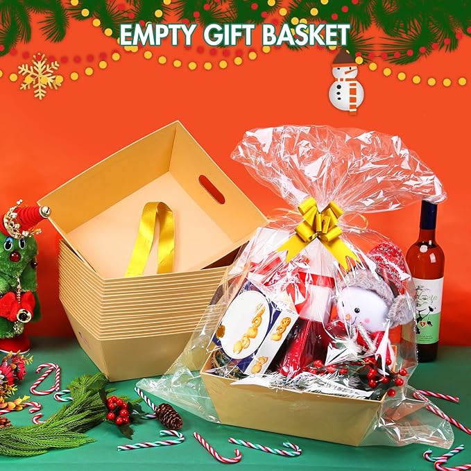 AFOROEOA 10PACK Baskets For Gifts Empty, 10x12”Thick Kraft Gift Basket with 10 Bows 10 Bags Empty Gift Baskets for Christmas, Valentine’s Day, Easter, Birthdays, Snacks, Farmers Market