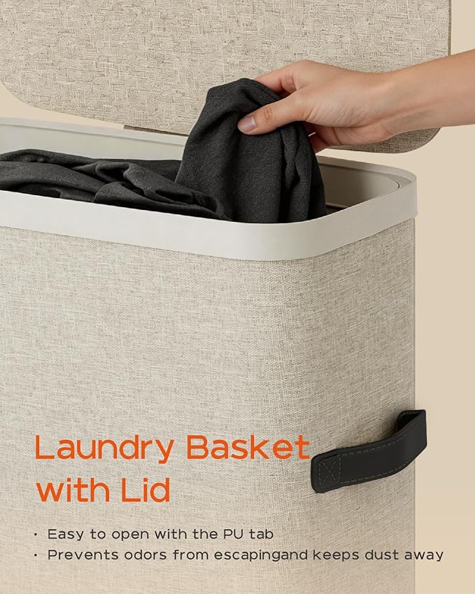 CASAMAYA Laundry Basket with Lid, Slim Laundry Hamper, 65L collapsible Laundry Organizer, Easy Assembly, with Handles and Removable Liners, 15.4 x 8.7 x 29.5 Inches, Beige JSP901M