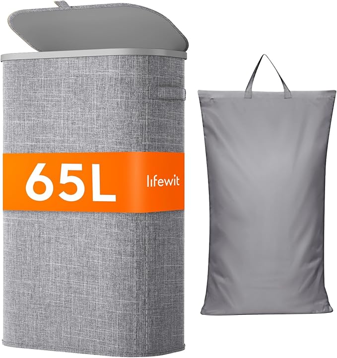 Lifewit Slim Laundry Basket with Lid, Narrow Large Laundry Hamper with Plastic Handles and Removable Bag, Tall Foldable Dirty Clothes Hampers for Laundry Room, Bedroom, Bathroom, Dorm, 65L Gray