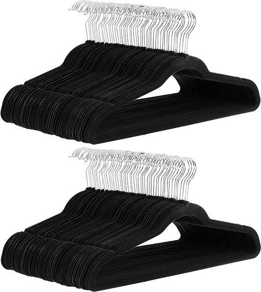 Amazon Basics Slim Velvet Non-Slip Space Saving Suit Clothes Hangers, Closet Organizer, Black/Silver, 100-Pack