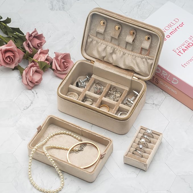 Velvet Travel Jewelry Organizer Box with Zipper Around Portable Accessory Display Tray Holder Storage Case for Multiple Earrings Rings Necklaces Bracelets (Beige)