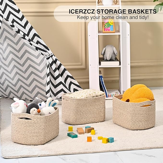 ICERZCZ Small Storage Baskets for Shelves Organizing, Woven Cotton Rope Baskets for Storage, Book Basket, Decorative Shelf Basket, 12.5"Lx9.1''Wx7.9''H (4 Packs) Mixed Brown