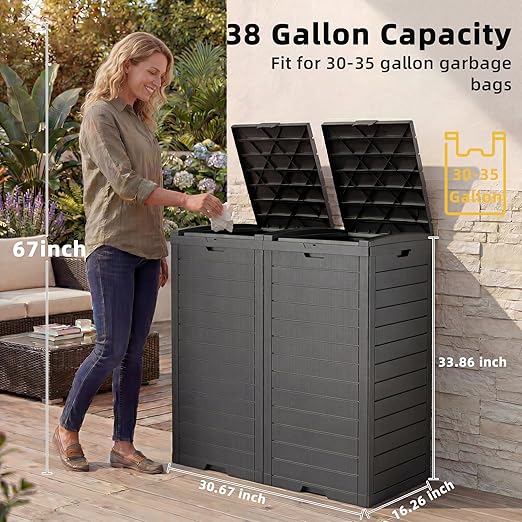 EFU 38 Gallon Outdoor Trash Can with Lid & Drip Tray, Dual Garbage Can for Patio Backyard Deck,Large Heavy Duty Waste Container Bin，Black