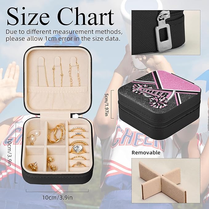Cheerleader Travel Jewelry Case, Cheer Travel Jewelry Box for Women, Mini Jewelry Travel Case for Cheer Team, Cheerleader Gifts for Girls (Pink)