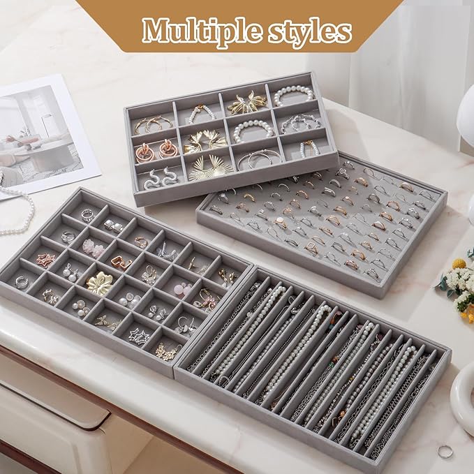 Large Velvet Jewelry Tray 2 Pack Stackable Jewelry Display Drawer Inserts Trays Organizer for Earring Bracelet Necklace Ring (Gray, 12 Grids+24 Grids)