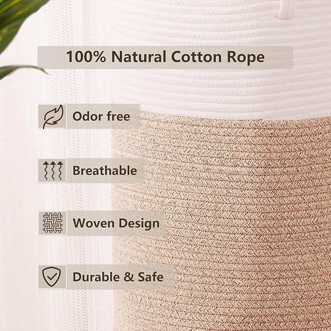 60L Laundry Hamper Basket Tall Woven Cotton Rope Clothes Hamper for Baby Girls Nursery Kids Blanket Basket in Living Room Bathroom Bedroom Brown 15Dx20H Inches Large