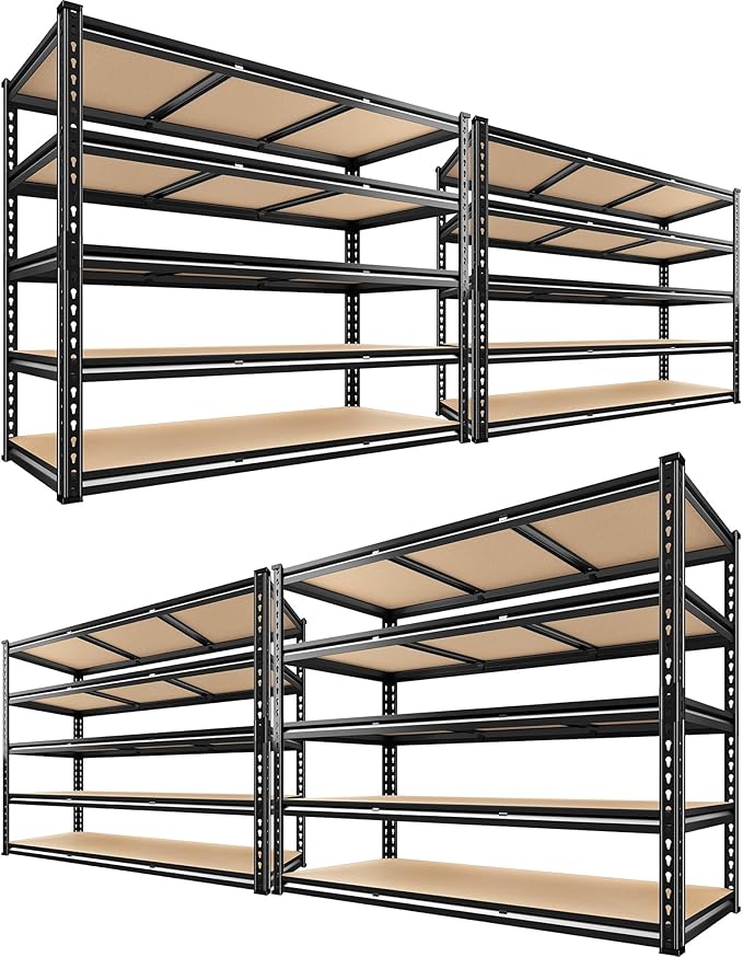 REIBII 48" W Garage Shelving 3080LBS Storage Shelves 5 Tier Industrial Shelving Adjustable Metal Storage Shelves for Garage, Basement, Warehouse, Commercial, Easy Assemble, 48" W x 72" H x 24" D, 4PC