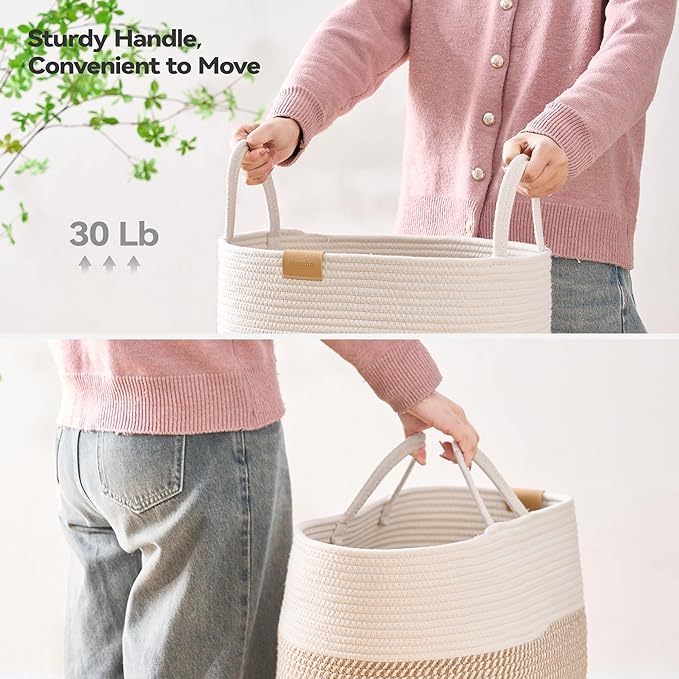 Nunsino Laundry Hamper 95L,Large Laundry Basket for Clothes,Decorative Storage Basket for Blankets,Cotton Rope Woven basket for bedroom,Brown White