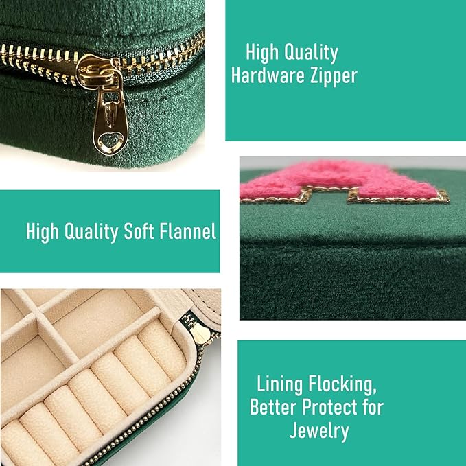 Personalized Velvet Travel Jewelry Case Box For Women Ring Necklace Earring Holder Organizer with Mirror Green Girls Box Birthday Gifts Mom Initial Y