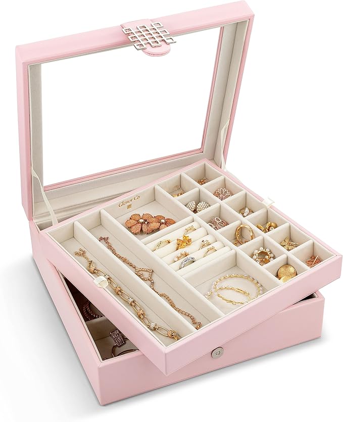 Glenor Co 28 Section Jewelry Box - 2 Layer & Buckle Magnet Closure - Large Glass Top - Leather Design - Soft Pink - Jewelry Organizer for Women & Girls - for Earring Ring Necklace & Bracelet