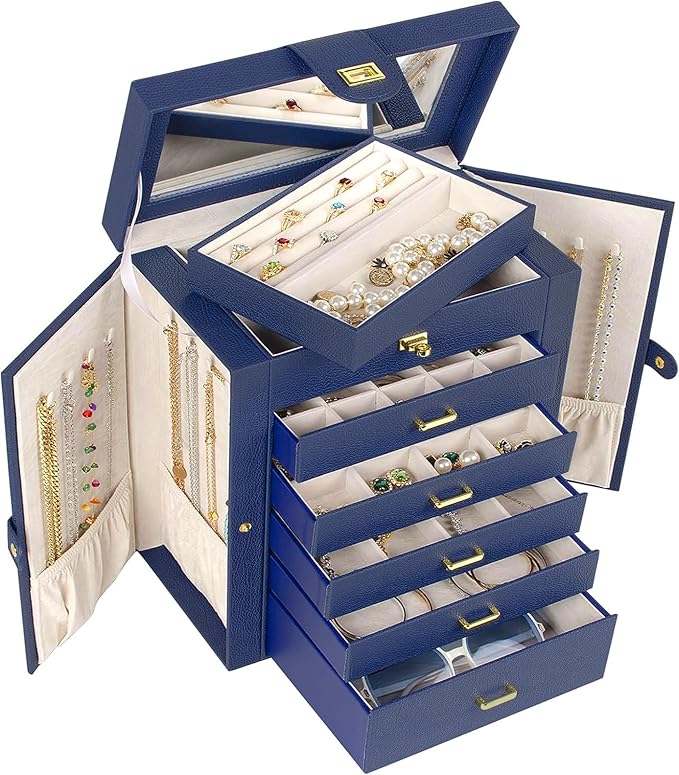 AKOZLIN Large Jewelry Box Organizer Functional with Big Mirror, Leather Jewelry Storage Case for Women Girls Ring Necklace Earring Bracelet Holder Organizer Blue
