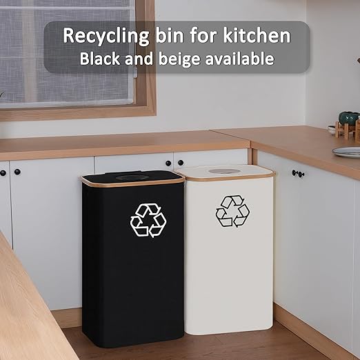 iEGrow 29 Gallons Recycling Bins for Kitchen, Indoor Recycle Bins with Lid, 110L Large Recycle bin with 2 Removeable Reusable Inner Bags, for Bottles Cans Glass Plastice Cartons(Beige)