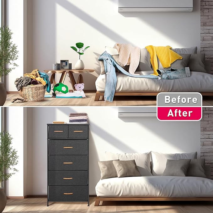 Mifuro Tall Dresser for Bedroom, Vertical Storage Organizer Tower with 6 Drawers, Chest of Drawers with Fabric Bins, Steel Frame, Wood Top for Bedroom, Closet, Entryway- Grey