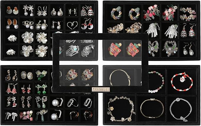 Frebeauty Earring Holder Stackable Jewelry Trays,Velvet Drawer Jewelry Organizer with Glass Lid, 5 in 1 Jewelry Box for Earrings Rings Studs,10.5 x 6.5 x 5.55 Inches Gift for Women (Black)