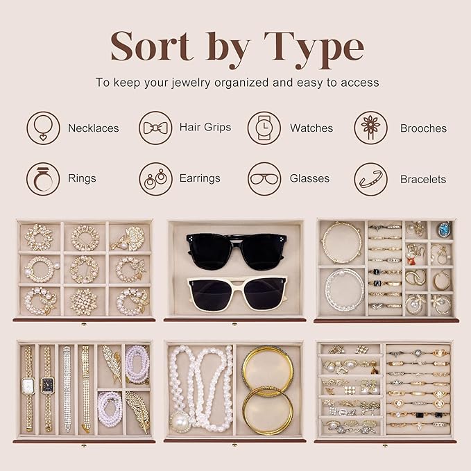 Dajasan Large Jewelry Organizer Box, Jewelry Boxes for Women Girls, 6-Tier Jewelry Storage Organizer with Mirror for Necklace Ring Bracelet Watch, Gift Idea (Brown)
