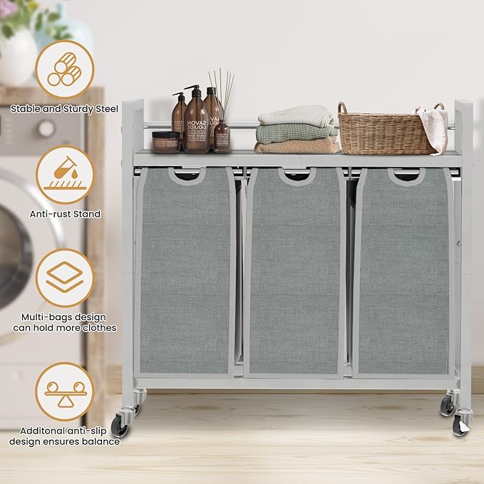 SwaaVee Laundry Hamper, Laundry Basket, Laundry Sorter with 3 Removable Bags, Clothes Basket with 3 Compartments, Wheels, Shelf for Laundry Room Bathroom Bedroom (3 Bags-Gray)