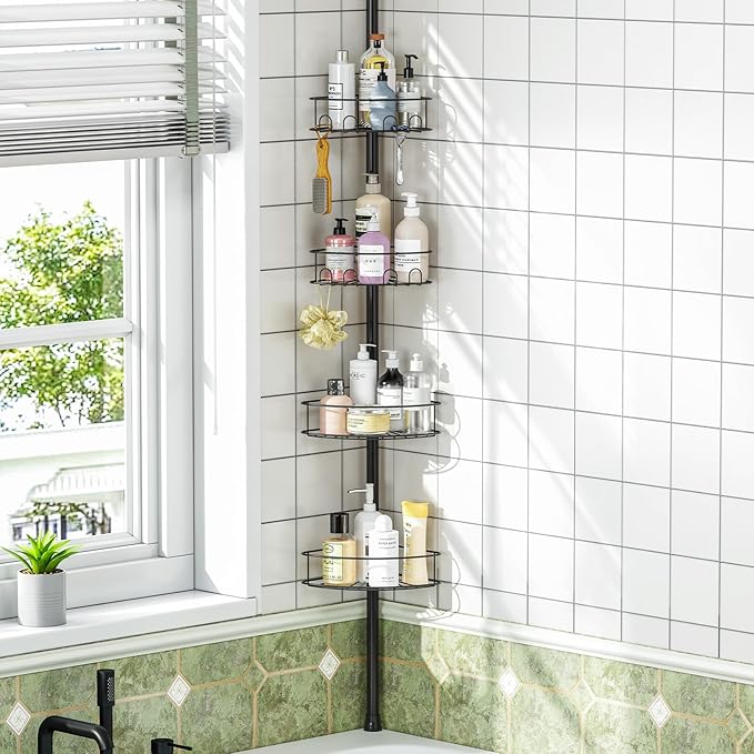 Corner Shower Caddy Tension Pole，4 Tier Adjustable Bathroom Organizer Shelves，Inside Shower Storage With Hidden Hook & Towel Holder,63.7-119 Inch No-Drill Quick Installation Shower Rack,Black