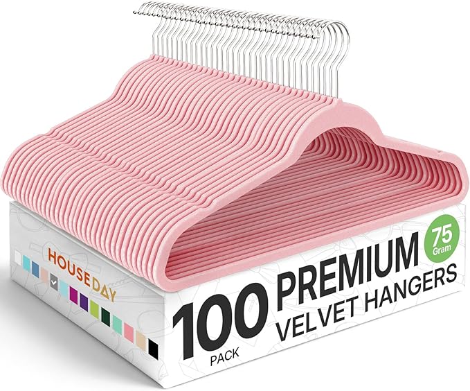 HOUSE DAY Premium Velvet Hangers 100 Pack Light Pink, Non-Slip Flocked Felt Hangers, Sturdy Clothes Hanger with 360° Rotatable Hook, Heavy Duty Durable Slim Coat Hanger for Closet Space Saving