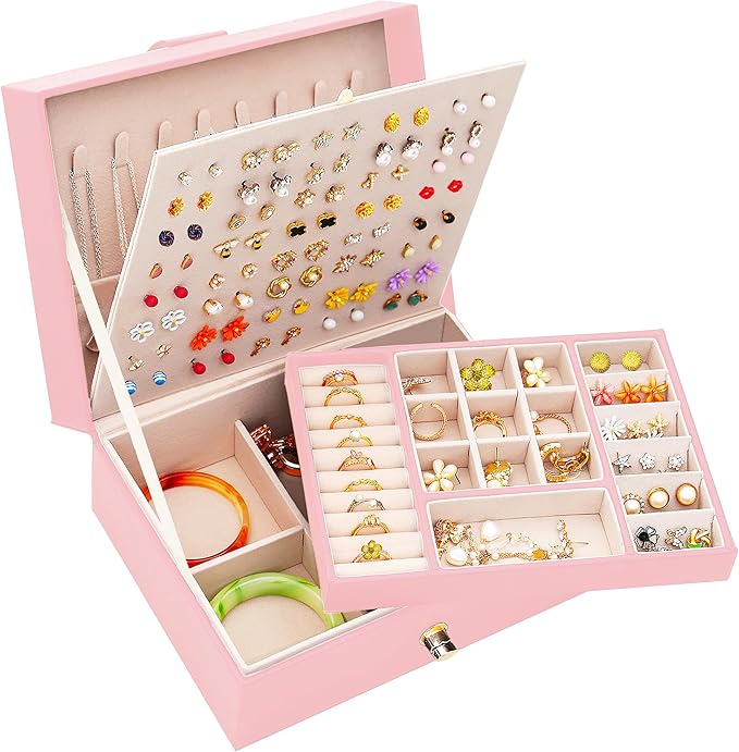 Earrings Jewelry Box for Girls, Large Capacity Jewelry Organizer with 40-Pair Earring Board, 2-Layer Leather Jewelry Storage Box for Necklaces Rings Bracelets with Removable Tray(Gift Idea),Pink