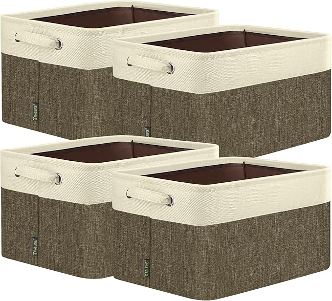 BALEINE 4 Pack Fabric Closet Storage Bins for Shelves, Linen Closet Organizers and Storage, Decorative Baskets for Organizing, Shelf, Clothes, Home, Office (Brown, 15"x11"x9.5")