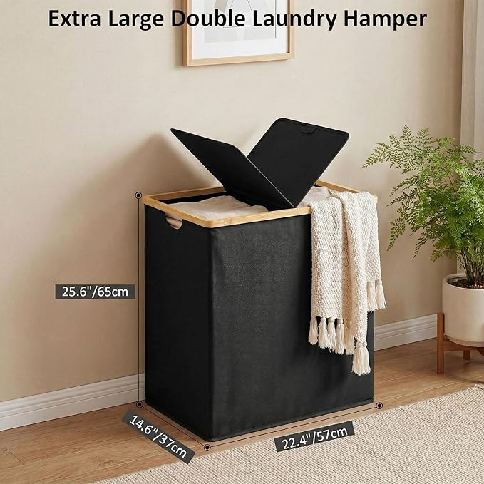 efluky Laundry Hamper with Lid, Double Laundry Hamper with 2 Removable Bags, 2 Section Laundry Basket with Bamboo Handles for Bathroom, Bedroom & Laundry Room, 140L (36.9 Gallon) Black