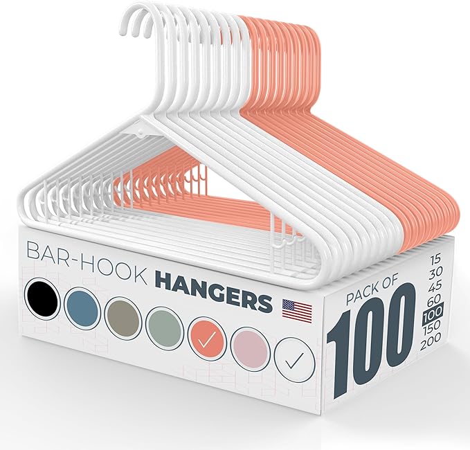 Neaties Plastic Hangers 100 Pack – Made in the USA – 6lb Capacity Standard Clothes Hangers with Strap Hooks for Dresses, Lingerie, Shirts, Pants, and Jackets – White & Peach