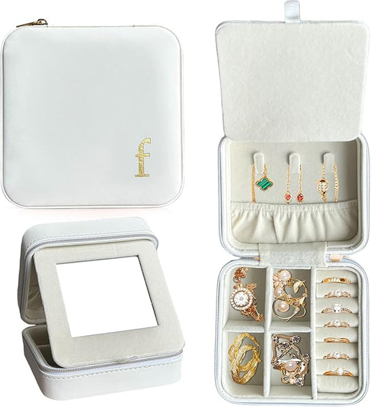 COLLECTIVE HOME - Travel Jewelry Case, Elegant Square Design with Gold Engraved Monogram, Built-in Mirror, Personalized Accessory Organizer for Rings, Necklaces, Gift for Women and Teens (f)