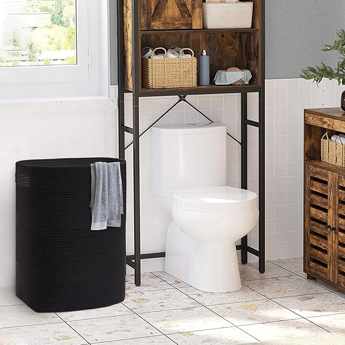 MEGASKET Large Laundry Hamper 16"x13"x22" - Tall Woven Laundry Basket, Cotton Rope Dirty Clothes Hamper, Baby Kids Nursery Wicker Laundry Basket, Bedroom Aesthetic, Soft Laundry Bin, Black Hamper, 75L