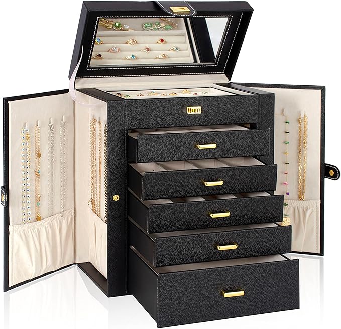 AKOZLIN Large Jewelry Box Organizer Functional with Big Mirror, Leather Jewelry Storage Case for Women Girls Ring Necklace Earring Bracelet Holder Organizer