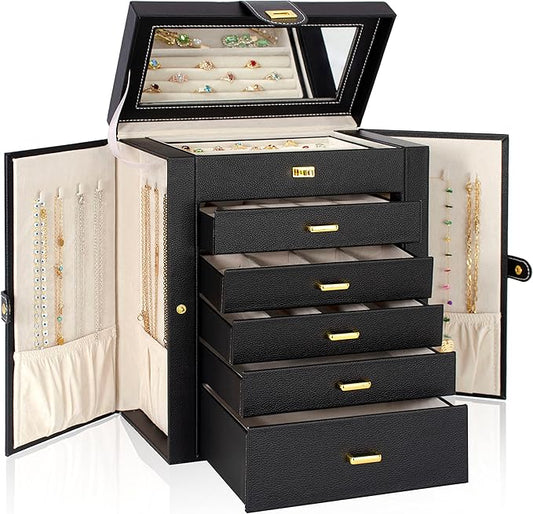 AKOZLIN Large Jewelry Box Organizer Functional with Big Mirror, Leather Jewelry Storage Case for Women Girls Ring Necklace Earring Bracelet Holder Organizer