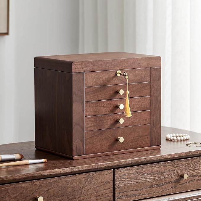 Black Walnut Wooden Jewelry Box Wood Jewelry Organizer with 2 Side Doors Mirror Lockable Classical Style for Watch Necklace Ring Earring Storage Mothers Day Gifts for Mom-5 Layer